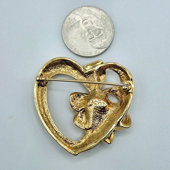 Avon Brooch Vintage Heart Ribbon Bow Blue Rhinestone Gold Tone Sweetheart Pin - Picture 9 of 11